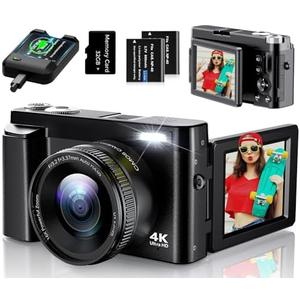 4K Digital Camera for Photography, UHD Autofocus 48MP 180° Flip Screen 16X Zoom Compact Point Shoot Vlogging Camera for YouTube with Only 1  Battery, No 32GB Card (Black)