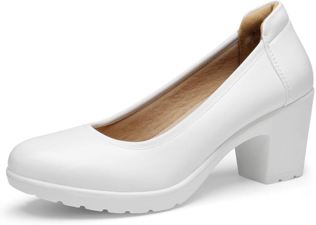 DREAM PAIRS Women's Chunky Closed Toe Low Block Heels Work Pumps Comfortable Round Toe Dress Wedding Shoes (9, White)