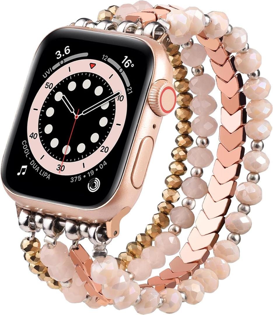 MOFREE Beaded Band for Women Compatible with Apple Watch 38mm 40mm 41mm 42mm, Fashion Crystal Elastic Straps Wristbands for iWatch Bands Series 11/10/9/8/7/SE/6/5/4/3/2/1 (Rose Gold/Pink)