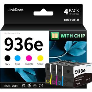 LinkDocs 936e Ink Cartridge Combo Pack (with Chip) Replacement for HP 936e 936 Compatible with HP OfficeJet Pro 9110 9120 9122 9125 9130 Wide Format 9730 9720 (Black/Cyan/Magenta/Yellow)