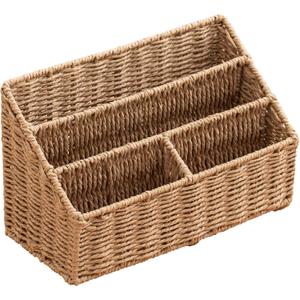 Woven Divided Storage Basket Desk Organizer Tabletop Mail Holder Countertop Paper Woven Basket Home Office Supplies (4 Compartments)
