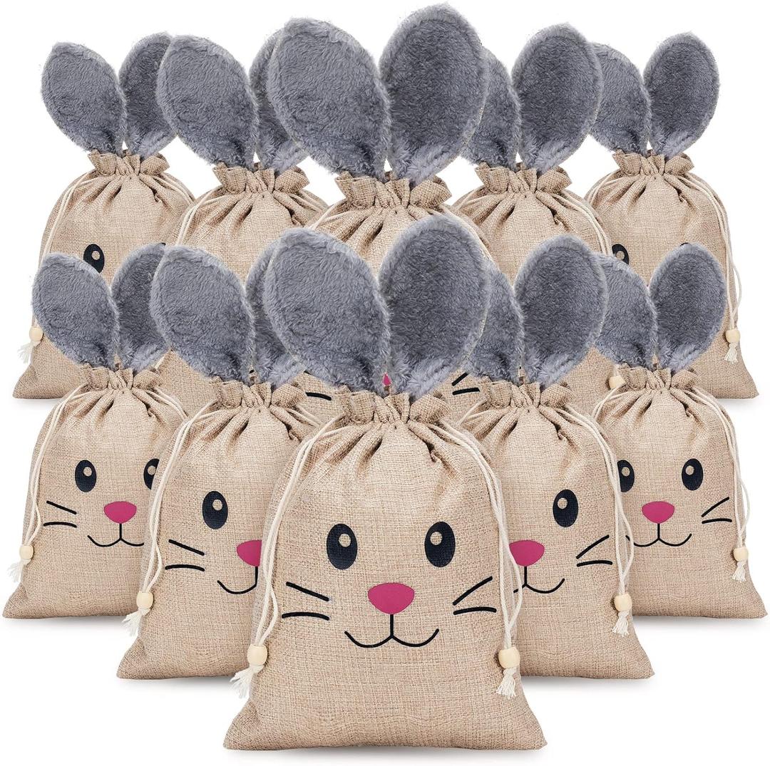 Woanger 10 Pcs Easter Bunny Bags with Drawstring 7.9 x 10.2 Inch Easter Burlap Bags Rabbit Ears Furry Bunny Bag Cookies Chocolate Party Favors Gift Candy Egg Hunts Stuffer for Kids Girls
