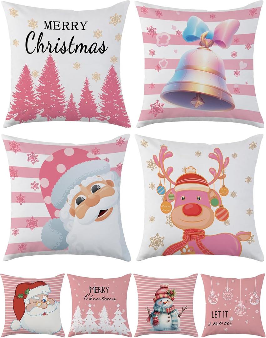 Pink Christmas Throw Pillow Covers 18x18 Inch Set of 4 Winter Holiday Decor Pillowcase Snowman Santa Claus Xmas Tree Decorative Cushion Case for Couch Sofa