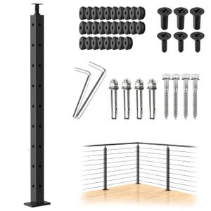 Cable Railing Adjustable Top Corner Post - Black Stainless Steel 36''x2''x2'' - Three Side 9 Hole With Protector Sleeves - Cable System for Deck Wood Concrete Angle Stair PA01-C (36'' Corner post)