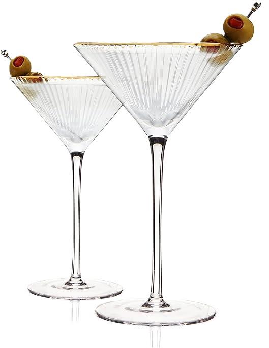 TRUE Meridian Martini Glasses - Stemmed Fun Cocktail Glasses - Art Deco Ripple Gold Rimmed Crystal Glassware - 7.8oz Set of 2