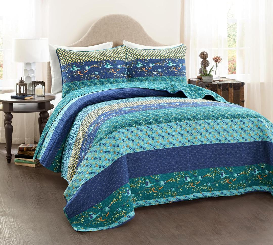 Lush Decor Royal Empire Reversible Cotton Quilt Set, 3 Piece Set Full/ Queen, Peacock - Striped Bedding Set - Floral Quilt Queen Size - Blue Bedding - Boho Decor