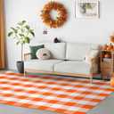 Fall Cotton Orange and White Plaid Rug - 4 x 6 Ft, Hand-Woven Indoor/Outdoor Layered Cotton Blend Buffalo Plaid Rug, Washable Front Door Mat, Perfect for Porch, Living Room, Entryway