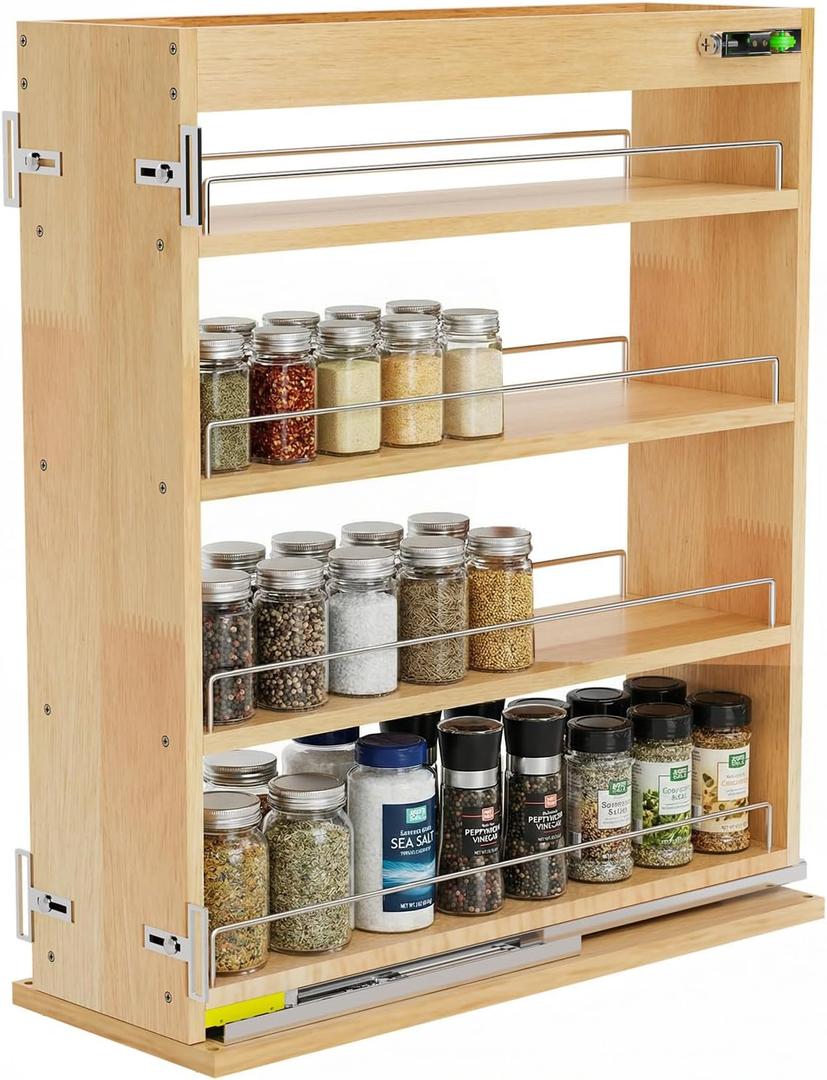Pull Out Spice Rack Organizer for Cabinet, 6.5" W x 22.3" D x 25.2" H Multi-Use Solid Wood Slide Out Shelf for Kitchen Cabinet, Sliding Spice Rack for Cans & Jars, Pantry Organization
