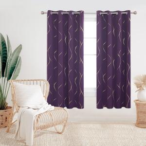 Deconovo Grommet Blackout Curtains, Noise Reducing Gold Foil Wave Print Curtain, 52W x 72L Inch, Purple Grape, Set of 2 Panels, Room Darkening Thermal Insulated Drapes for Living Room