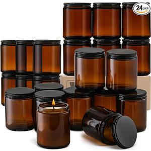 24 Pack, 8 OZ Thick Amber Candle Jars for Making Candle  Round Glass Jars with Lids  Empty Food Storage Containers, Canning/Mason Jar For Spice, Powder, Liquid, Sample  Leakproof & Food Grade