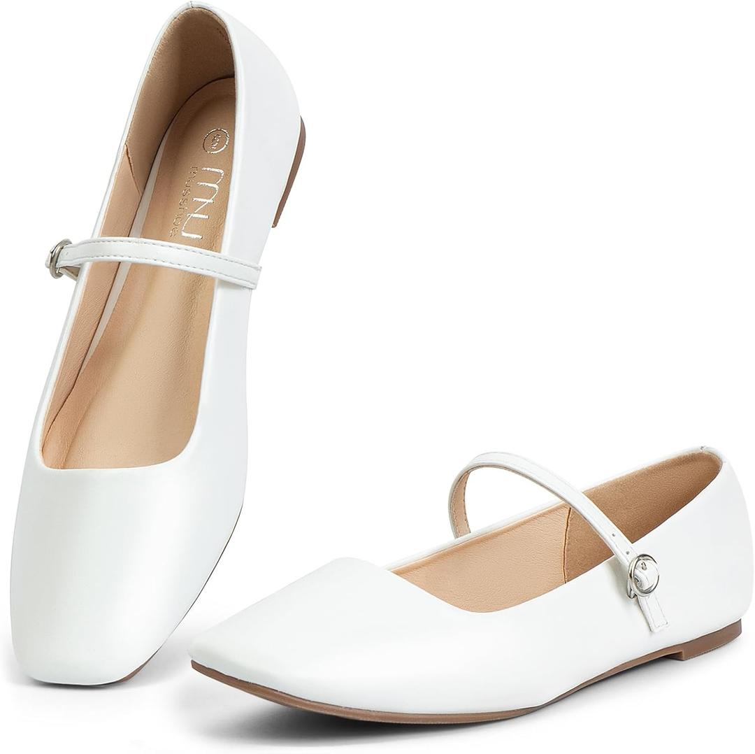 MUSSHOE Mary Jane Flats for Women: Classic Square Toe Ballet Flats with Strap - Comfortable Dressy Shoes for Teachers & Office (8, White)