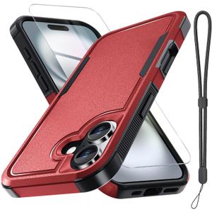RMOCR Case for iPhone 17 Phone Cover with Screen Protector, Military Grade Heavy Duty Shockproof Phone Case with Wrist Lanyard Strap,2025 Red
