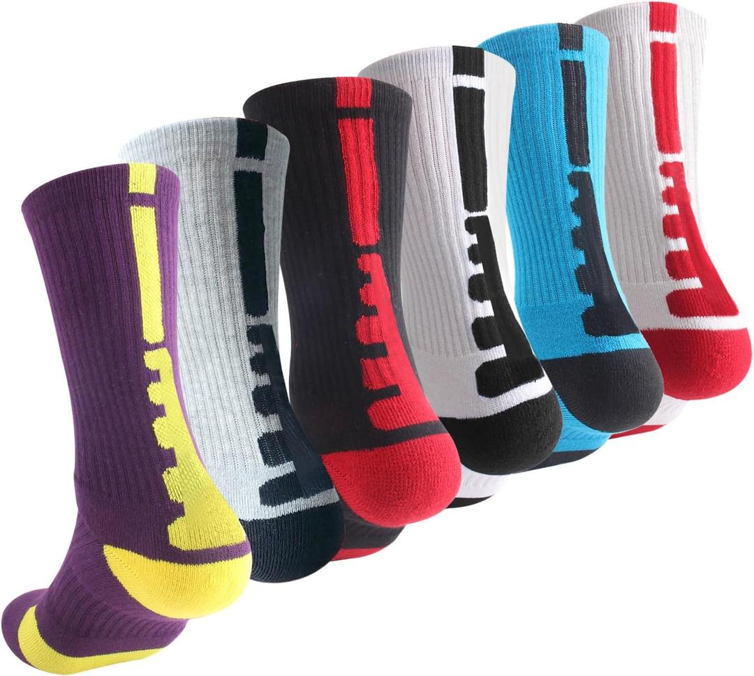 OLCHEE Boys Sock Basketball Soccer Hiking Ski Athletic Outdoor Sports Thick Calf High Crew Sock 6 Pack B, Size L