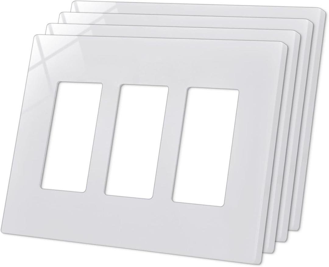 CML 3-Gang Screwless Wall Plate Cover, Mid-Size 4.88" x 6.76", Midway Triple Faceplate Cover for Decorator Receptacle Outlet & Switch, UL Listed, 4 Pack, White