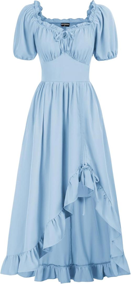 Scarlet Darkness Renaissance Dress Women Cottagecore Corset Dress Ruffle Maxi Dress with Pockets (Medium, Light Blue)