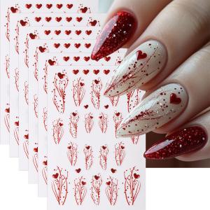 Valentine Nail Art Stickers, Love Heart Nail Decals 3D Self Adhesive with Red Love Heart Tree Branch Design 6Pcs Glitter Valentine Nail Decoration Supplies for Women Girls