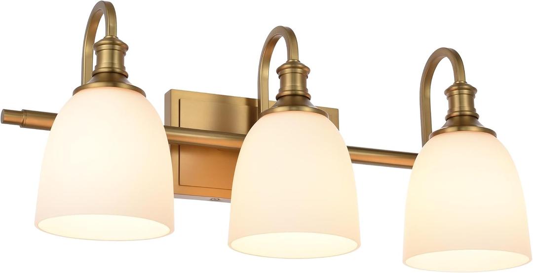 3 Light Aged Brass Vintage Bathroom Vanity Light Fixtures
Vintage, 3-light Bathroom vanity light, living room light, over mirror, over table, gold, aged brass