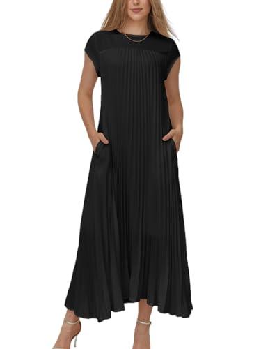 KEOMUD Women Summer Pleated Maxi Dress Casual Short Sleeve Crewneck Flowy Swing Long Dress with Pockets Black, Small