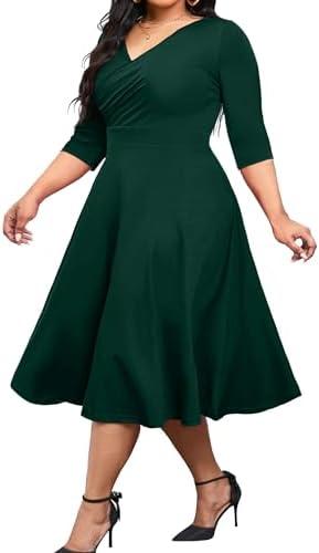 CLOCOR Women's Plus Size Midi Dress 3/4 Sleeve A-Line Swing Dress V Neck Flowy Casual Dresses XXL