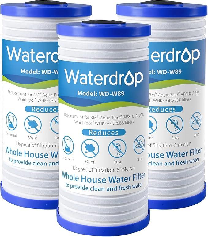 Waterdrop AP810 Whole House Water Filter, Replacement for 3M® Aqua-Pure® AP810, AP801, AP811, Whirlpool® WHKF-GD25BB, WHKF-DWHBB, 5 Micron, 10" x 4.5", Well & Tap Water Filter, Pack of 3