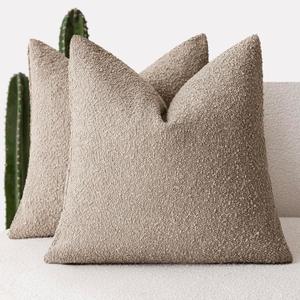 Foindtower Set of 2, Decorative Textured Boucle Throw Pillow Covers Accent Solid Pillow Cases Neutral Cozy Couch Cushion Case for Chair Sofa Bedroom Living Room Home Decor 24x24 Inch Light Khaki Tan (24" x 24" (Pack of 2), Light Tan)