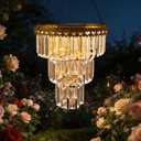 Solar Hanging Crystal Chandelier Outdoor Crystal Prism Light Waterproof Metal Light with Warm White LED Vintage Brass Finish Decorative Lantern for Patio, Garden, Gazebo,Party