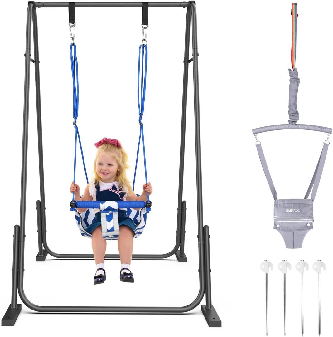 Slevoo 2 in 1 Baby Jumper and Swing, Toddler Swing Set with Foldable Stand, Ages 6 Months to 6 Years, for Indoor and Outdoor Fun, Grey