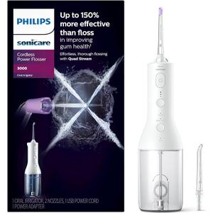 Philips Sonicare Cordless Power Flosser 3000  Water Flosser with Innovative Quad Stream Technology, Oral Irrigator with 2 Flossing Modes and 3 Pressure Levels, IPX7 Waterproof, White, HX3826/21