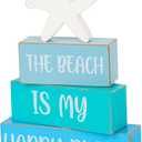 4Pcs The Beach is My Happy Place Table Signs Starfish Beach Wooden Tabletop Centerpiece Blue Rustic Summer Decorations for Office Home Shelf Mantel Tiered Tray Decor
