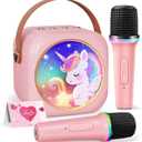 Karaoke Machine for Kids with 2 Wireless Microphones,Girls Speaker with Unicorn Colorful LED Lights,Birthday Gift for 3-12 Years Old,Portable Toys for Home Party