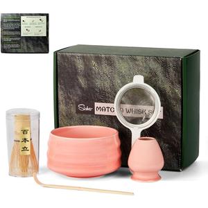 Sisher Pink Matcha Whisk Set - 5 Piece Ceramic Japanese Matcha Tea Set with Bamboo Whisk (Chasen), Bowl (Chawan), Holder & Scoop - Cute Matcha Making Starter Kit & Tea Gifts for Women