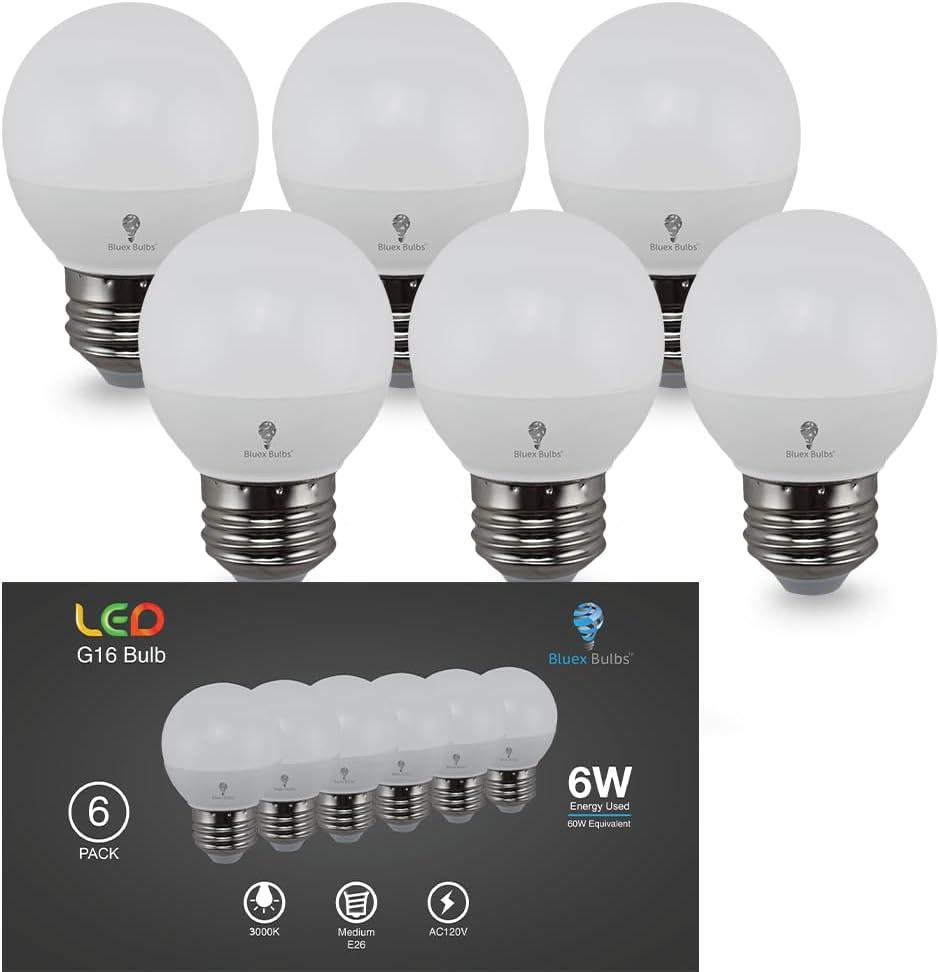 Bluex Bulbs 6 Pack G16 LED Light Bulbs - 6W 550 Lumens 3000K Warm White E26 Base 120V - Mini LED Light Bulbs Suitable for Chandelier, Signs, Floor Lamps, Nightlights & Kitchens Type G Short Light Bulb