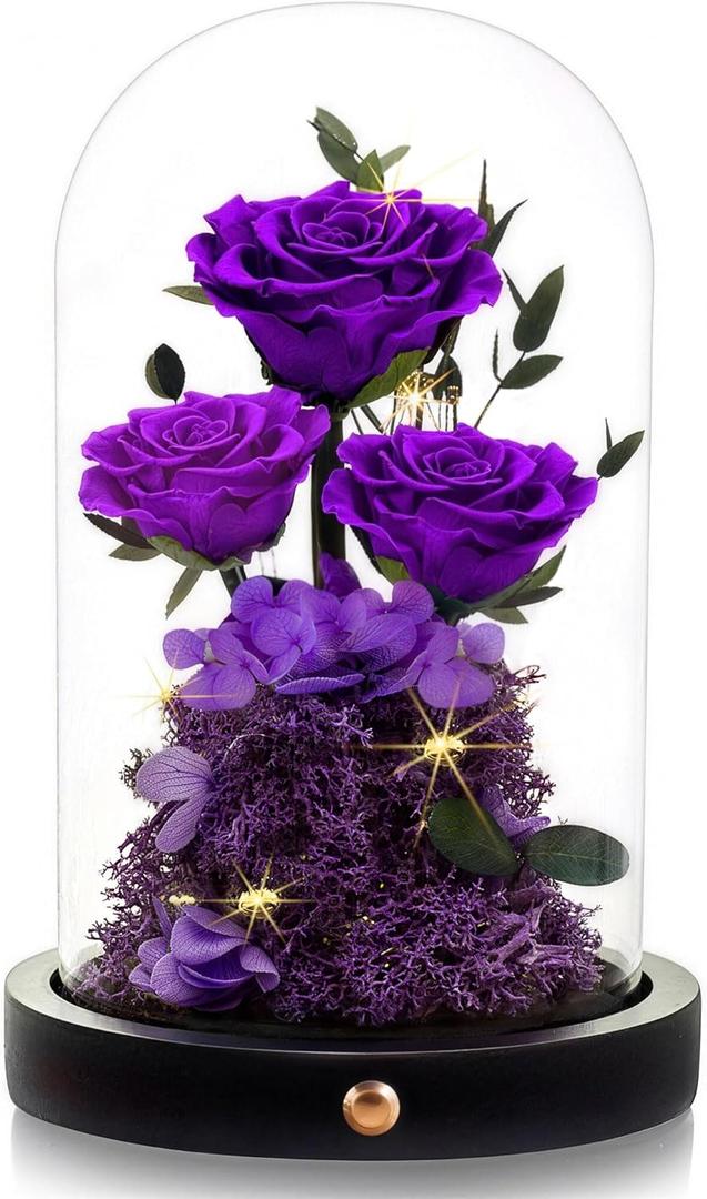 DENIMOMO Mothers Day Roses Gifts for Mom,Forever Purple Preserved Rose in Glass Dome,Mothers Day Real Flowers Roses Gifts for Wife Women Mom Grandma/Purple
