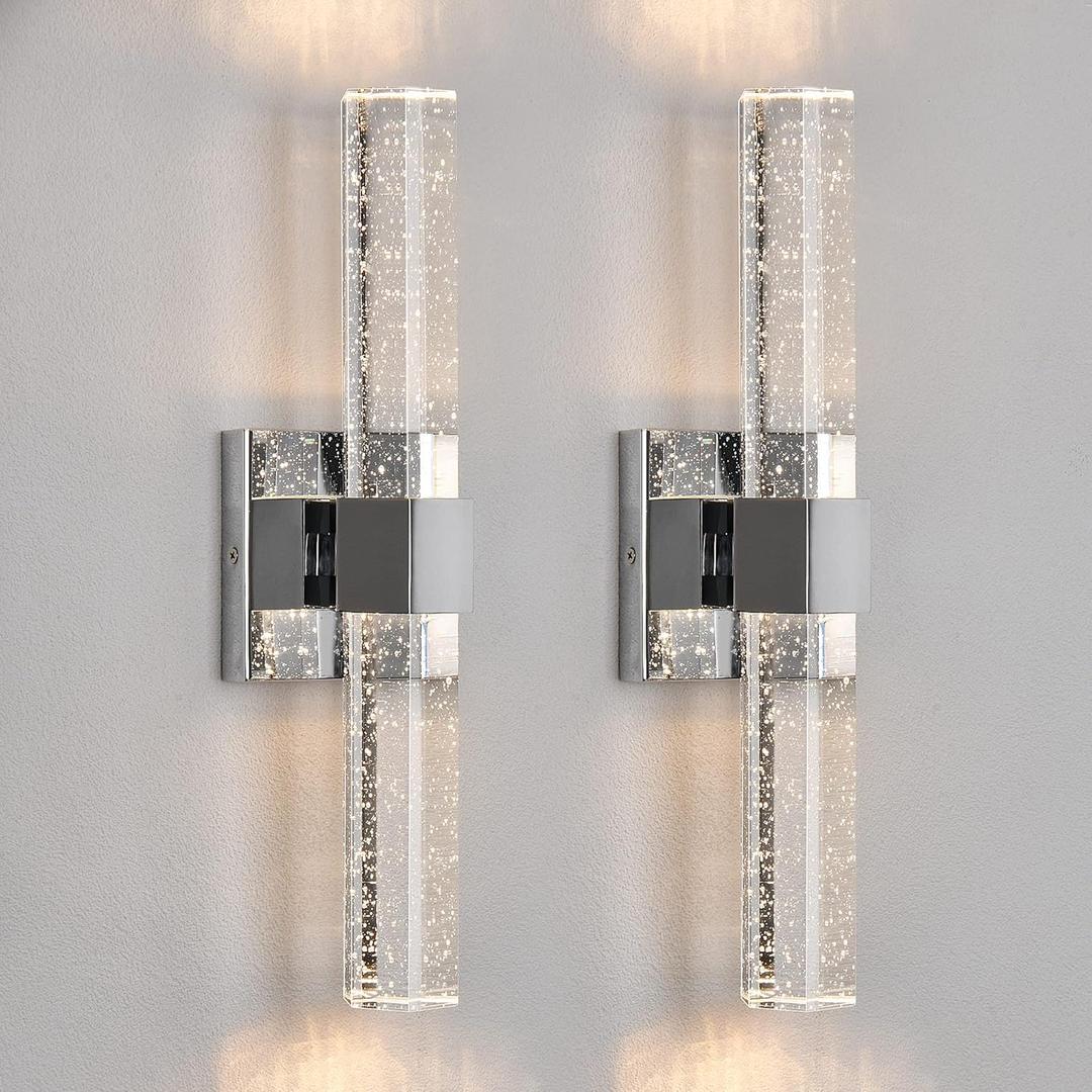 Wall Sconces Set of Two - Crystal Sconces Wall Lighting 14W Dimmable LED Bathroom Vanity Light Fixtures Chrome Bubble Wall Lights for Bathroom Hallway Bedroom Living Room (2 Pack)