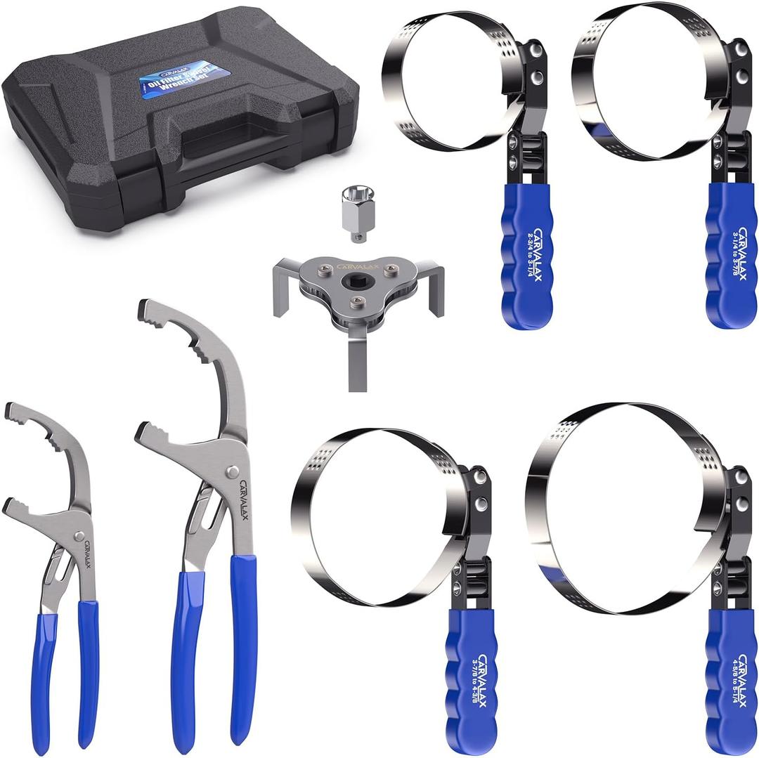 CARVALAX 8PCS Oil Filter Wrench Set Stainless Steel Swivel Wrenches (1-3/4to 5-1/4), 9 & 12 Adjustable Pliers, Universal 3-Jaw Remover with Adapter, Organized in Storage Case for Auto Repair