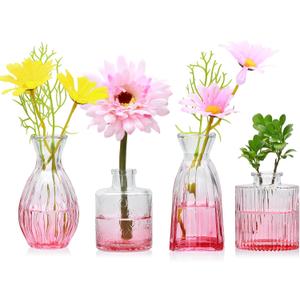 Mapoxy Glass Bud Vases Set of 4,Small Pink Flower Vases for Wedding Centerpiece Table Decorations,Clear Vintage Embossed Mini Vases,Flower Arrangements in Vases for Party or Home Decor
