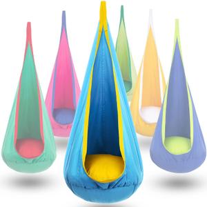 Y-STOP Kids Pod Swing Seat, Hanging Hammock Chair with Inflatable Pillow, Sensory Swing Chair with Pocket for Indoor and Outdoor (Blue Yellow)