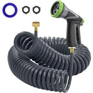 Coil Hose,3/8" EVA Coil Garden Hose 25 FT,Curly Water Hose Lightweight with Brass Connectors,Recoil Garden Hose Includes 8-Pattern Spray Nozzle for Boat, Yard, Patio (Gray)