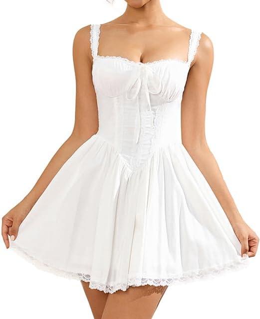 Womens Summer Floral Mini Dress Square Neck Tie Front Lace Spliced Ruched Backless Casual Party Graduation Short Dresses, L