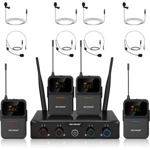 MELONARE 4-Channel Wireless Microphone System,UHF Compact Cordless Mic Set w/ 4x10 Frequencies, 200ft Range, 4 Bodypacks & Headset/Lapel Microphones for Singing, Church, Conference (MWM-41-4B)