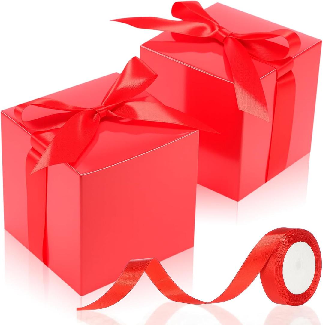 MotiMind 48 Pcs Valentine's Day Gift Boxes with Ribbon Small Party Favor Boxes with Lids Mini Treat Candy Container for Wedding Party Birthday and More (Red,6 Inch)