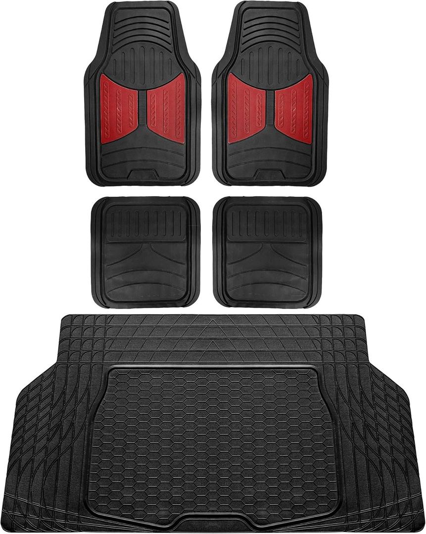 FH Group Monster Eye Full Set Rubber Floor Mats w. Trimmable Vinyl Trunk Liner/Cargo Mat Black- Fit Most Car, Truck, SUV, or Van (Burgundy/Black) F11313- F16403 (Universal)