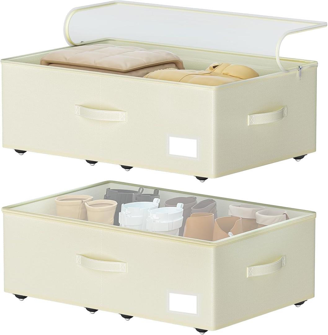 Under Bed Storage with Wheels, No Assemble Required 10 inches height Under Bed Storage bins,Large capacity Rolling Under bed Shoe Storage containersdorm under bed storage drawers (Beige)