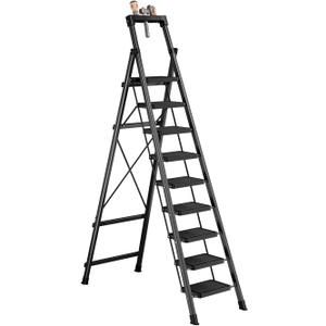9 Step Ladder with Tool Tray,Folding Step Stool with Wide Pedal,Safety Locking,Convenient Tool Platform,Sturdy Steel Ladder Portable Safety Ladder for Painting Home Garden Outdoor Garage