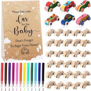 WinnerWhy Baby Shower Game Sign Kit Includes 32 Unfinished Wooden Car Blocks, 12 Markers, and a Prize Decoration Sign for Baby Shower (Kraft)