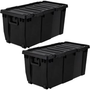 IRIS USA 2-Pack 32 Gal Heavy Duty Rolling Storage Totes with lids, Black | Integrated wheels make transporting heavy loads easier, Great for garages, workshops, camping gear and large equipment