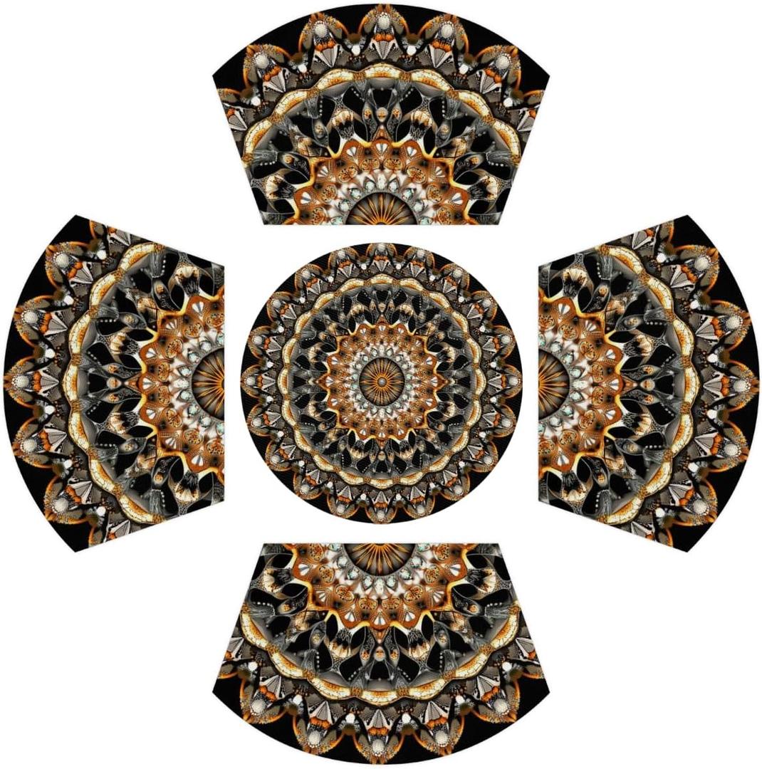 Boho Mandala Flower Wedge Placemats Set of 4+1pcs PVC Washable Heat Resistant Wedge Place Mats Round Table Mat Wipeable Plastic Dining Table Mats for Kitchen Indoor Patio Table Decor