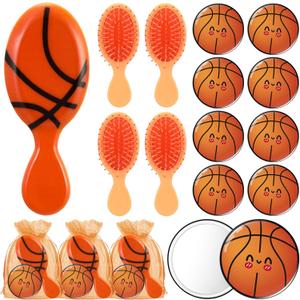 Mini Hair Brush Bulk Compact Mirror with Bags Senior Night Gifts Sports Party Favor Team Gift for Women Hair Accessories Graduation Sport Team Player(12 Set,Basketball)