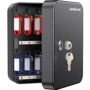 Uniclife 20 Position Key Cabinet with Key Lock Wall Mounted Black Security Storage Box Steel Key Organizer with Colorful Key Tag Labels Stickers and Hooks