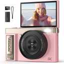 4K Digital Camera Pink for Girls Teens: 64MP Vlogging Camera with Flip Screen - 16X Zoom - Cute Compact Cam for Photography and YouTube  Aesthetic Point and Shoot Gift for Ages 8-18